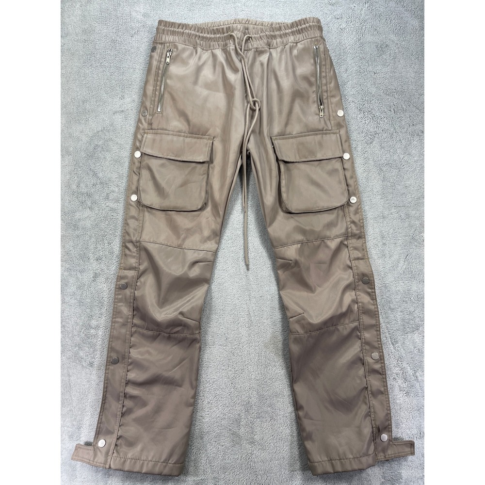 MNML Cargo Pants Mens 33 Tan Nylon Snap Cargo Track Pants Streetwear Snaps